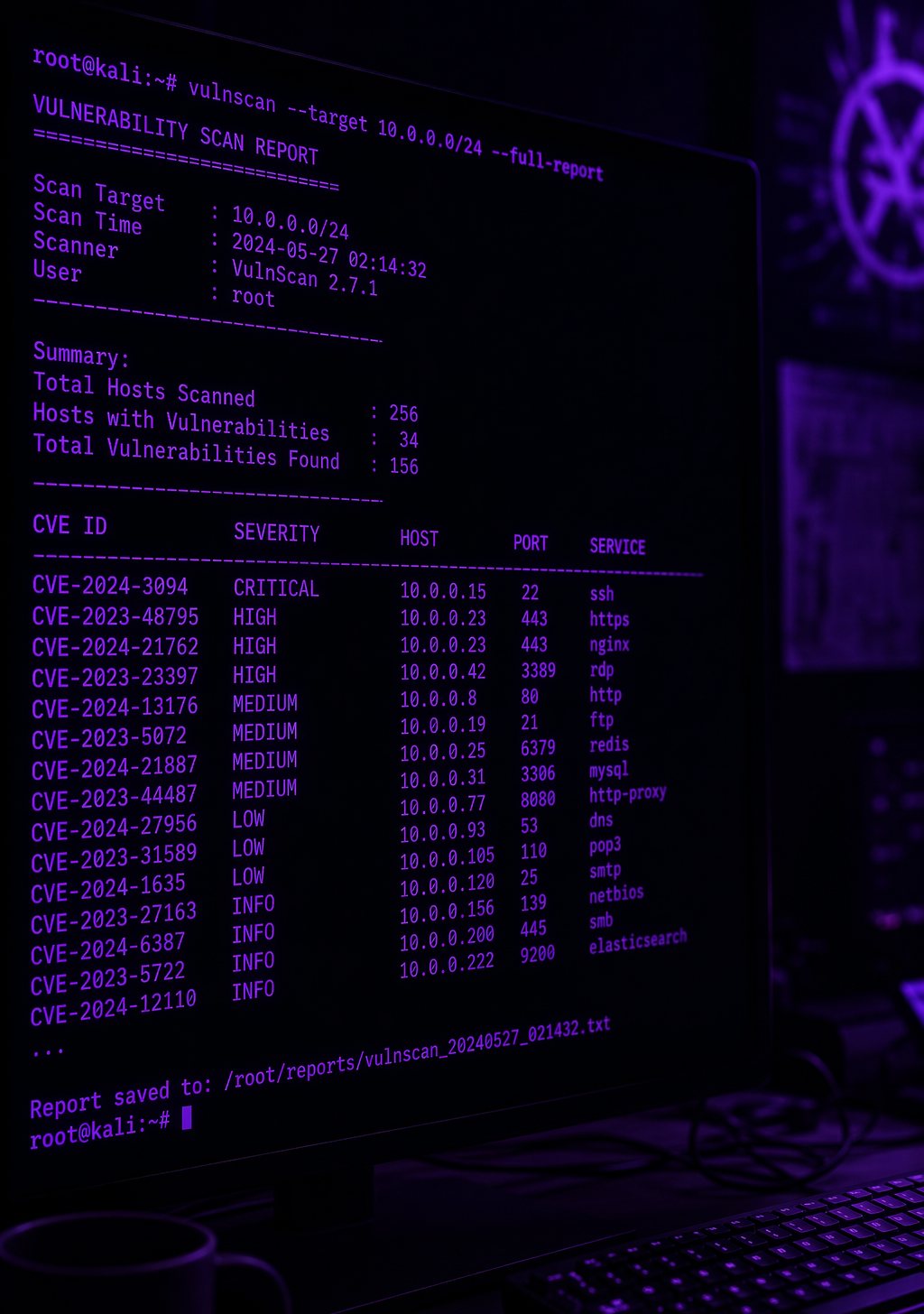Terminal con informe de escaneo de vulnerabilidades