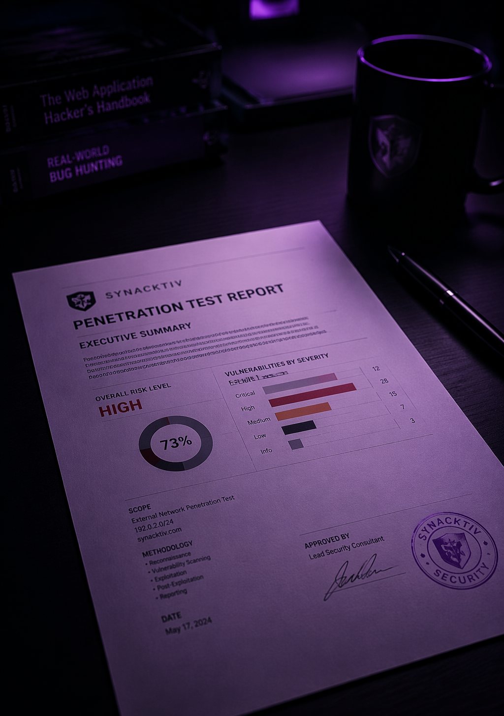 Informe de test de intrusión impreso sobre mesa oscura