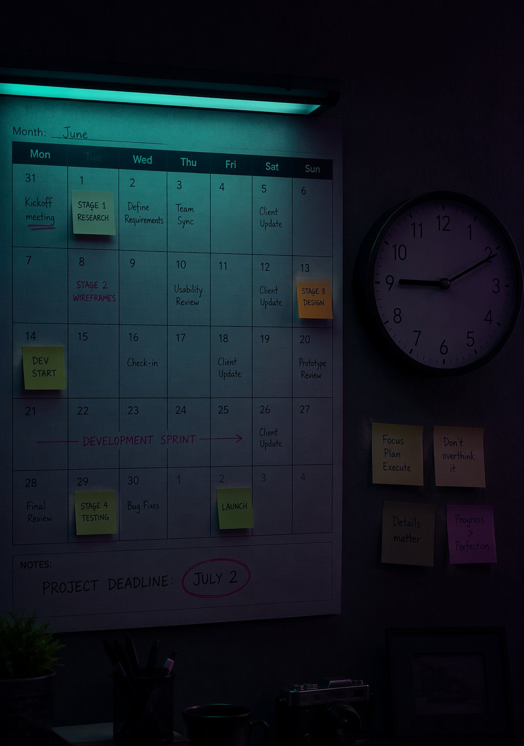 Calendario de planificación con reloj en la pared